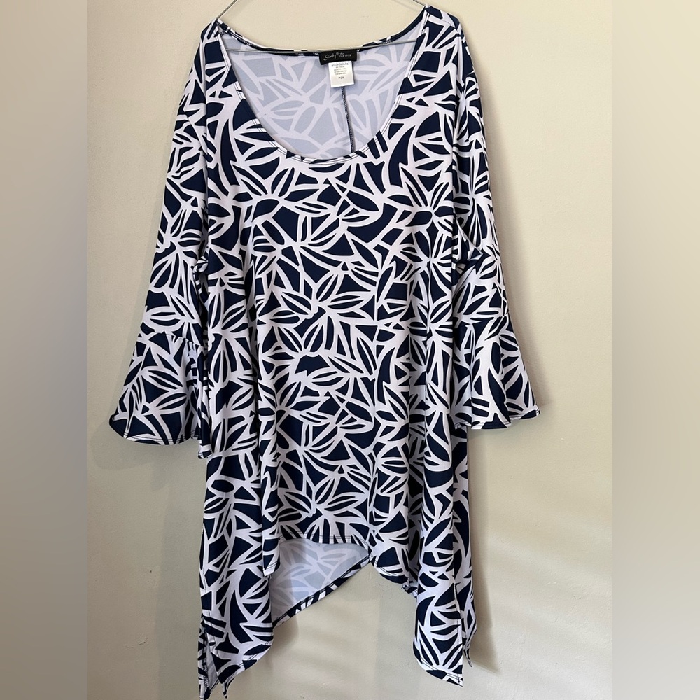 Navy and White Leaf Print Women's blouse- plus size- spring- casual